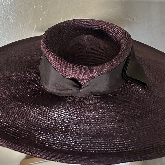 SUPERB 1940s\' BROWN STRAW TILT WIDE BRIM HAT WITH METAL STUDS main image 7
